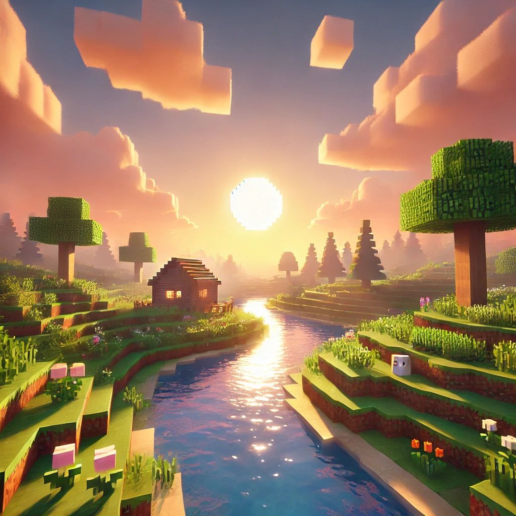 A serene Minecraft landscape featuring rolling hills, a calm river, and a gentle sunset, perfect for a relaxing in-game environment.